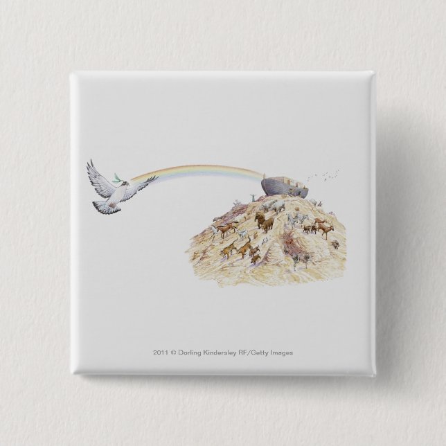 Illustration of Noah's ark with animals leaving 2 Inch Square Button (Front)