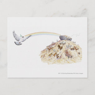 Illustration of Noah's ark with animals leaving Postcard