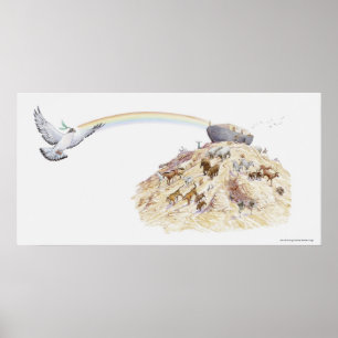 Illustration of Noah's ark with animals leaving Poster