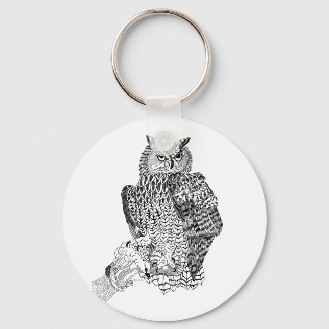 Illustration of Owl on button keyring (Front)