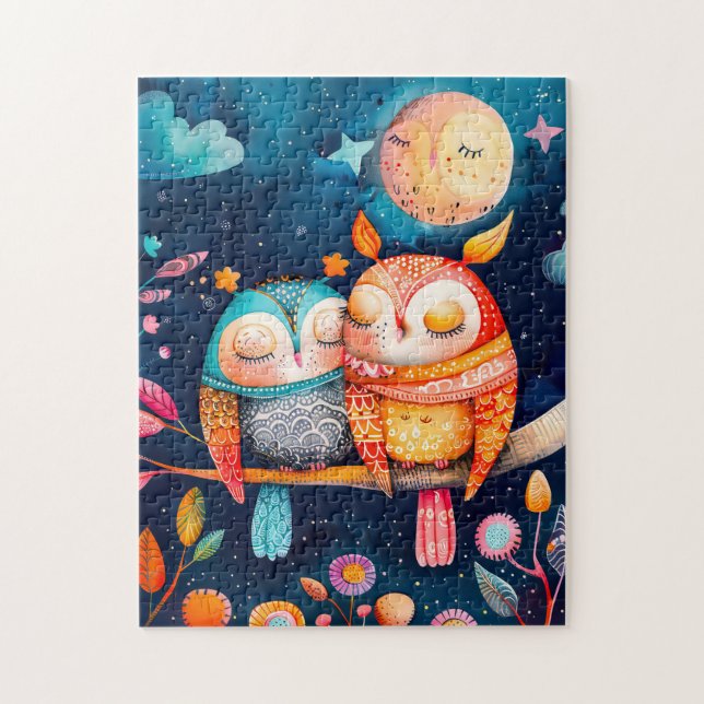 Illustration of owls hugging in forest at night jigsaw puzzle (Vertical)