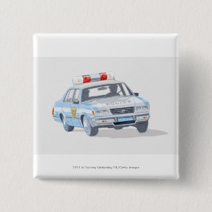 Illustration of police car with two policemen 2 inch square button