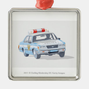 Illustration of police car with two policemen metal ornament