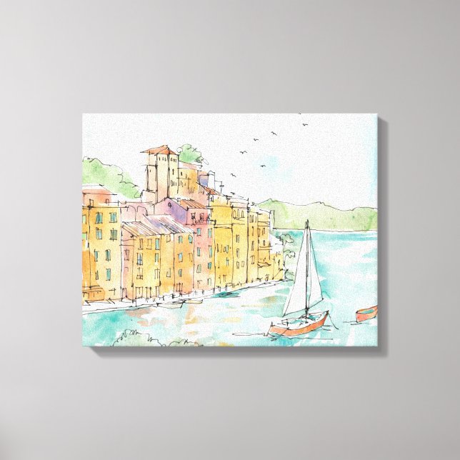 Illustration of Porofino Harbour With Sailboat Canvas Print (Front)