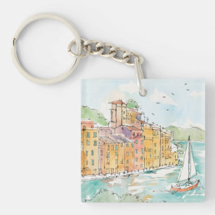 Illustration of Porofino Harbour With Sailboat Keychain