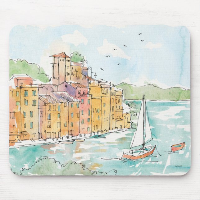 Illustration of Porofino Harbour With Sailboat Mouse Pad (Front)
