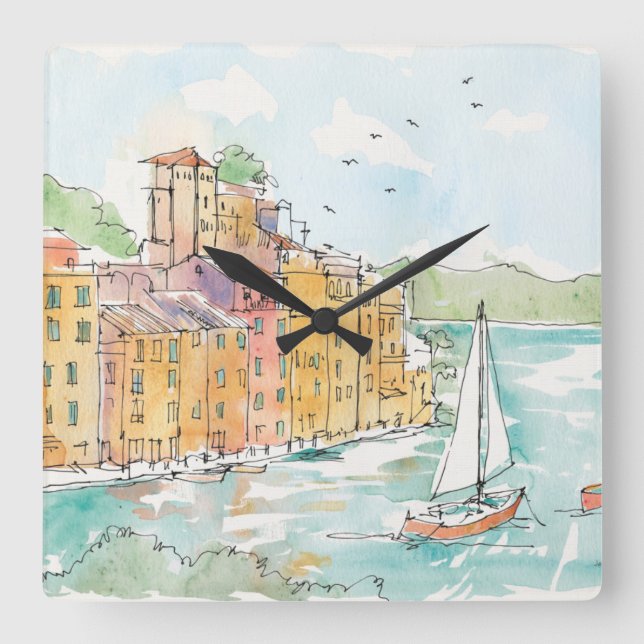 Illustration of Porofino Harbour With Sailboat Square Wall Clock (Front)