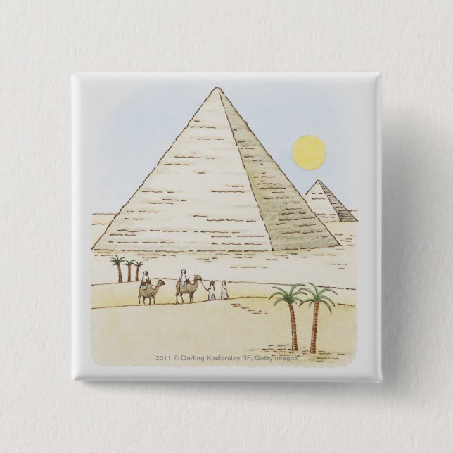 Illustration of pyramids and men with camels 2 inch square button (Front)