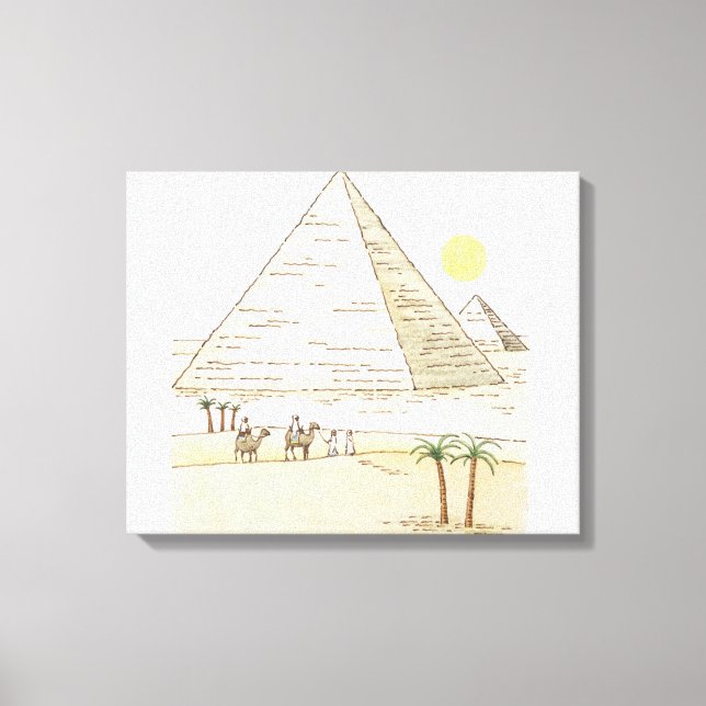 Illustration of pyramids and men with camels canvas print (Front)