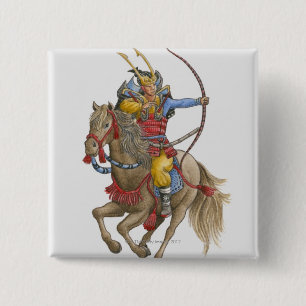 Illustration of Samurai on horseback holding bow 2 Inch Square Button