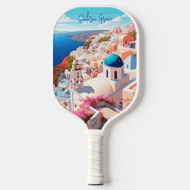 Illustration of Santorini Island Greece Travel Art Pickleball Paddle (Front)