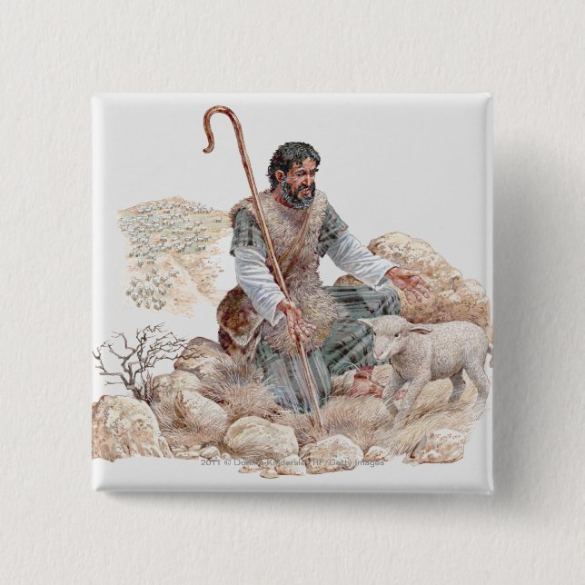 Illustration of shepherd finding his lost sheep 2 inch square button (Front)