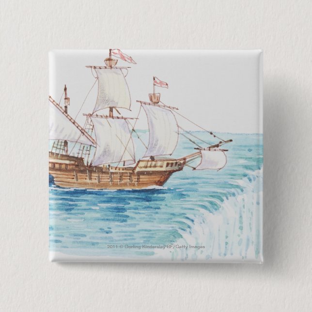 Illustration of ship approaching edge of waterfall 2 inch square button (Front)
