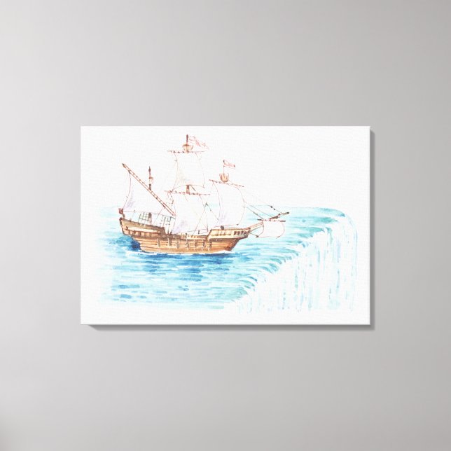 Illustration of ship approaching edge of waterfall canvas print (Front)