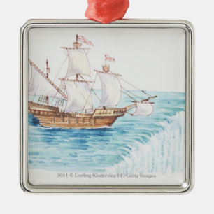 Illustration of ship approaching edge of waterfall metal ornament