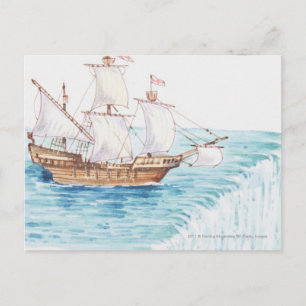 Illustration of ship approaching edge of waterfall postcard