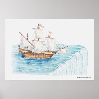 Illustration of ship approaching edge of waterfall poster