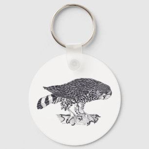 Illustration of Sparrow Hawk on button Keyring