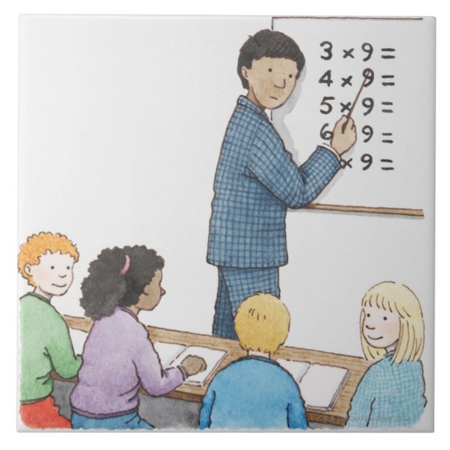 Illustration of teacher pointing at simple tile (Front)