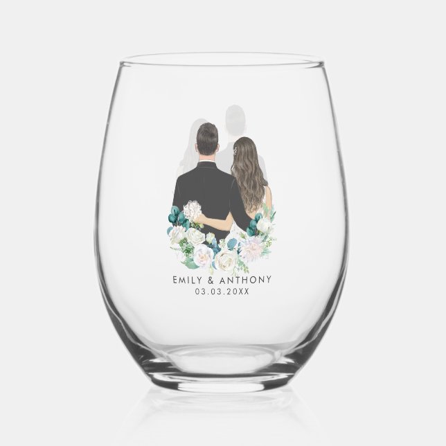 Illustration of the Newlyweds Stemless Wine Glass (Front)