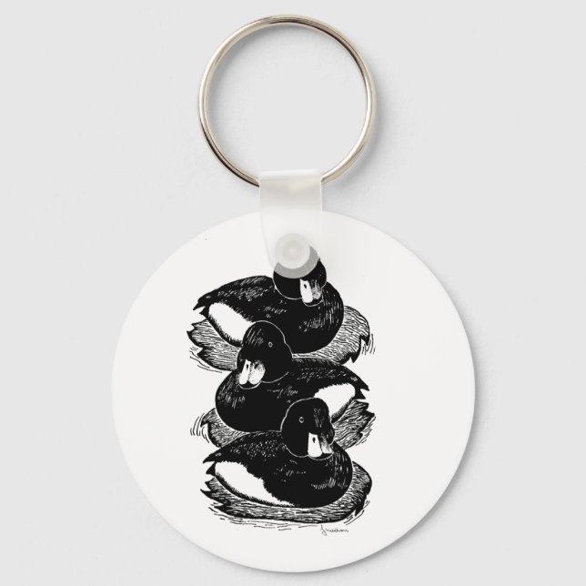 Illustration of Three Tufted Ducks Button Keyring (Front)