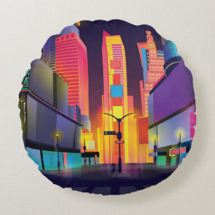 illustration of Times Square, New York Round Pillow
