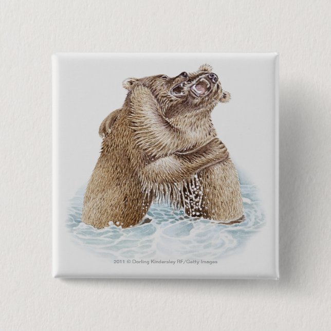 Illustration of two Brown Bears fighting in water 2 Inch Square Button (Front)