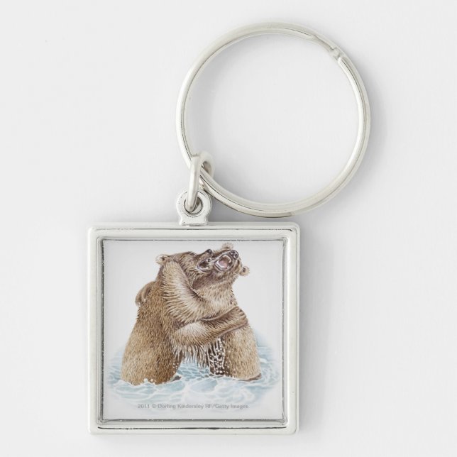 Illustration of two Brown Bears fighting in water Keychain (Front)