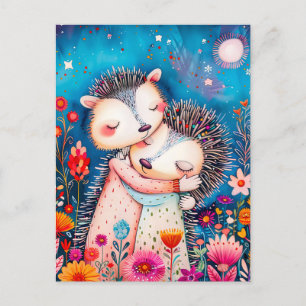 Illustration of two Hugging Hedgehogs in night at  Postcard