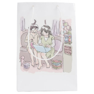 Illustration of two women sitting on a sofa in a k medium gift bag