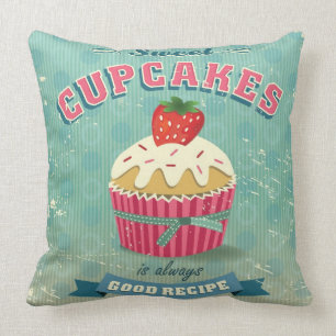 Illustration of vintage cupcakes sign throw pillow