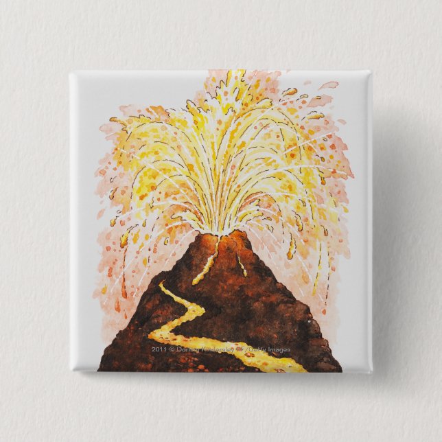 Illustration of volcano erupting 2 inch square button (Front)