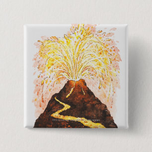 Illustration of volcano erupting 2 inch square button
