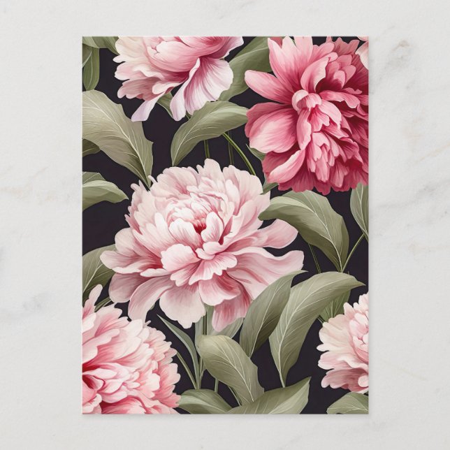 Illustration pink peony flowers with green leaves postcard (Front)
