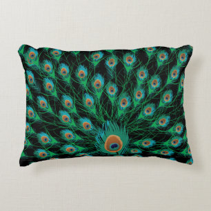 Illustration With Peacock Feathers on Black Accent Pillow