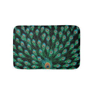 Illustration With Peacock Feathers on Black Bath Mat