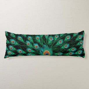 Illustration With Peacock Feathers on Black Body Pillow