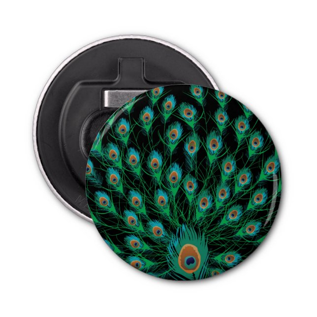 Illustration With Peacock Feathers on Black Bottle Opener (Front)