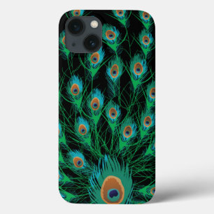 Illustration With Peacock Feathers on Black iPhone 13 Case