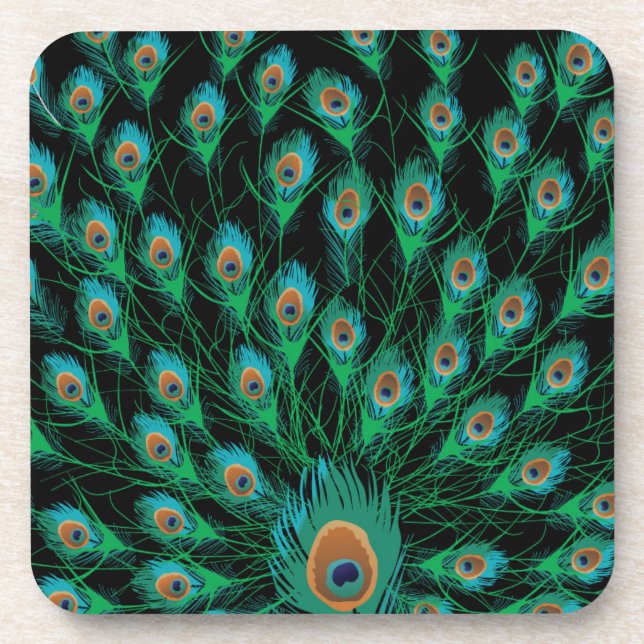 Illustration With Peacock Feathers on Black Coaster (Front)