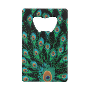 Illustration With Peacock Feathers on Black Credit Card Bottle Opener