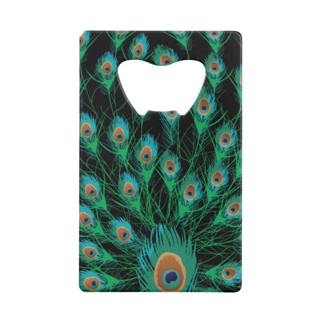 Illustration With Peacock Feathers on Black Credit Card Bottle Opener (Front)
