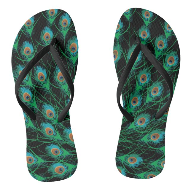 Illustration With Peacock Feathers on Black Flip Flops (Footbed)
