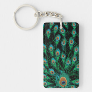 Illustration With Peacock Feathers on Black Keychain