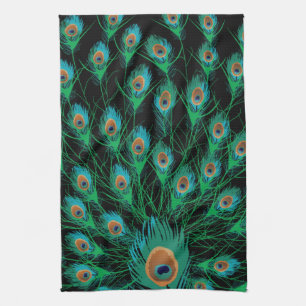 Illustration With Peacock Feathers on Black Kitchen Towel