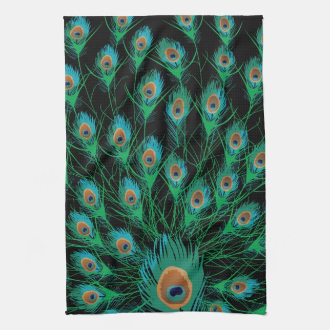 Illustration With Peacock Feathers on Black Kitchen Towel (Vertical)