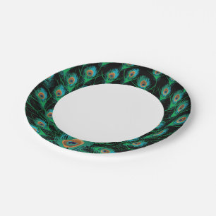 Illustration With Peacock Feathers on Black Paper Plate