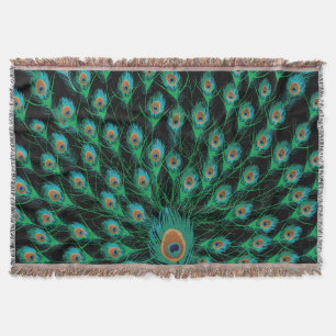 Illustration With Peacock Feathers on Black Throw Blanket