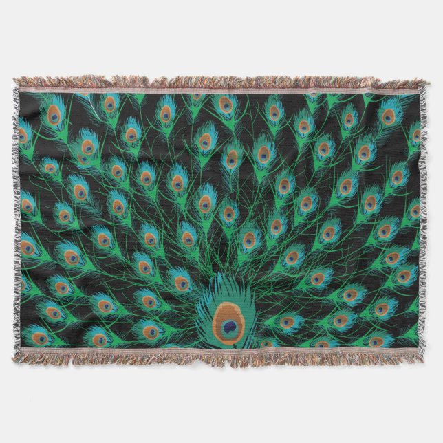 Illustration With Peacock Feathers on Black Throw Blanket (Front)