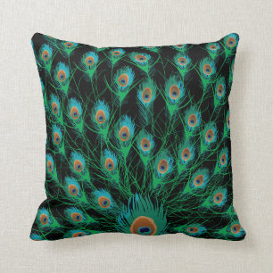 Illustration With Peacock Feathers on Black Throw Pillow